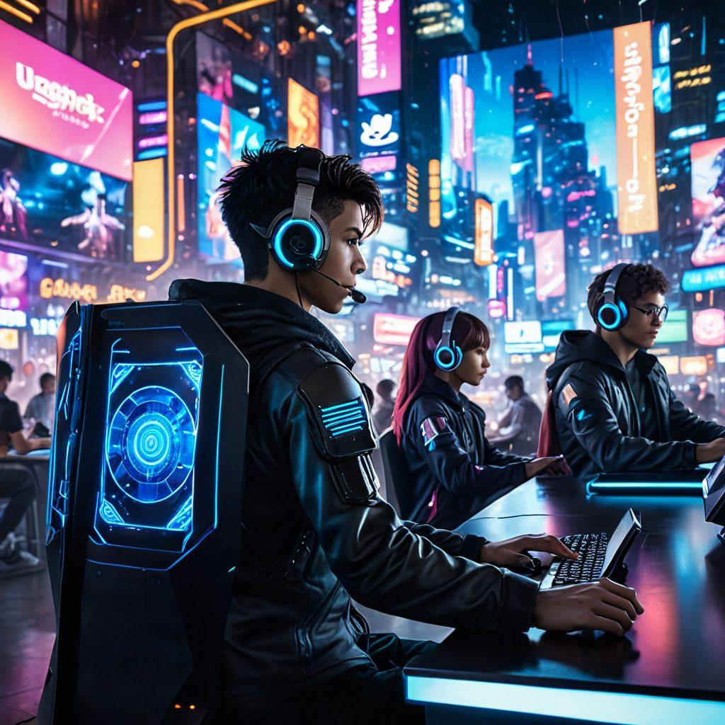 A vibrant scene featuring anime gamers intensely focused on their screens, surrounded by floating holographic shields symbolizing protection. In the background, a bustling city skyline infused with fantasy elements and colorful energy beams, showcasing various types of insurance icons like health and cybersecurity. The gamers are diverse in appearance, wearing stylish gaming gear, some with headphones. Bright, dynamic colors enhance the atmosphere, emphasizing excitement and security in gaming. super-realistic. vibrant colors. cyberpunk.