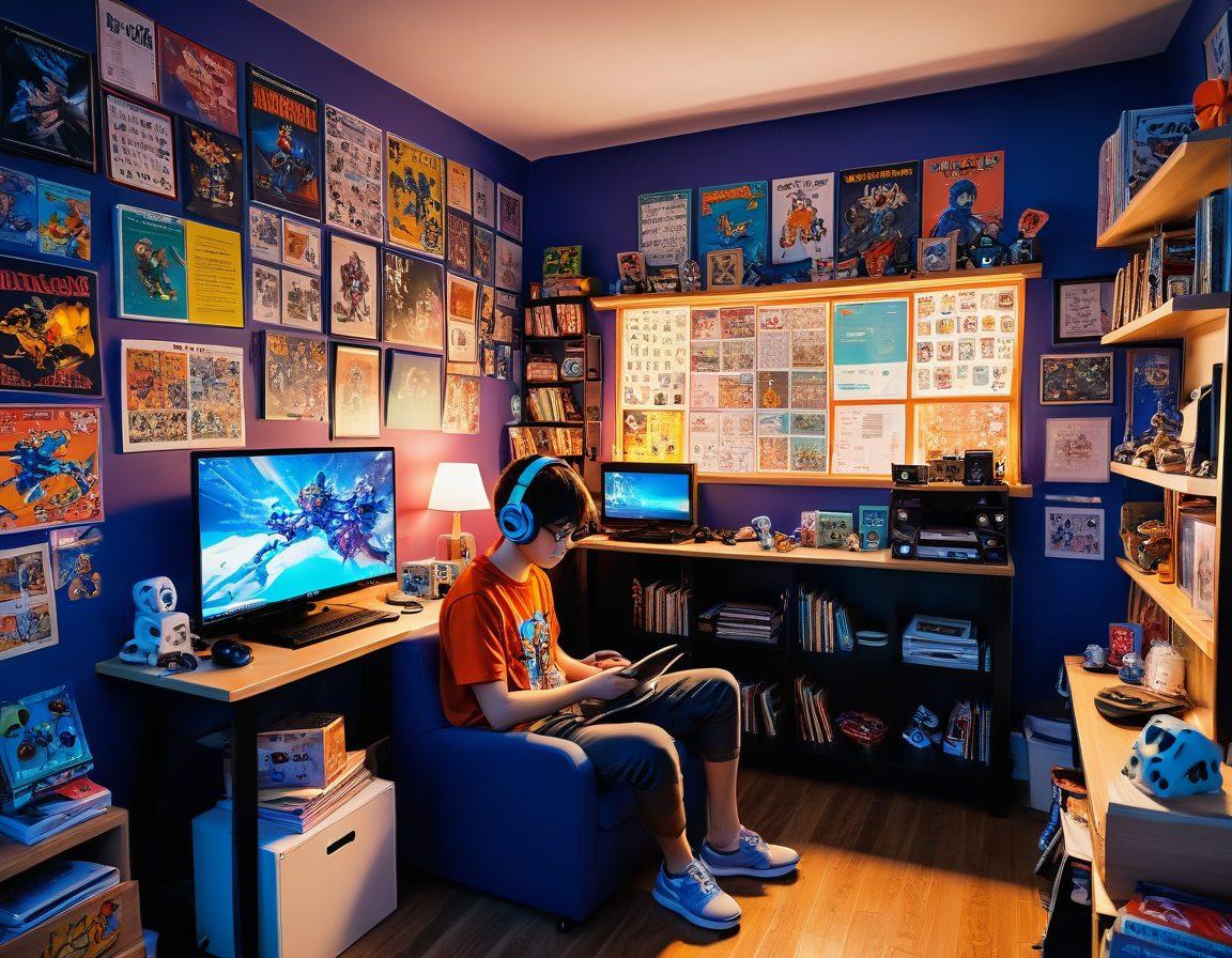 A vibrant, whimsical illustration of an otaku gamer sitting in a cozy gaming room surrounded by gaming memorabilia, anime posters, and action figures, focused on a console while a protective shield made of insurance documents hovers above them, symbolizing security. Include playful elements like avatar characters peeking from the screens and dice scattered around. bright colors. cartoon style. dynamic perspective.